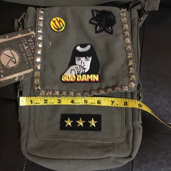 Olive Punk Patch Studded Army Bag Crossbody Purse - Picture 7 of 8